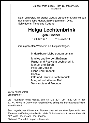 Traueranzeige von Helga Lechtenbrink von Tageszeitung