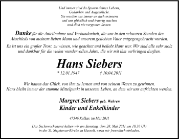 Traueranzeige von Hans Siebers von Tageszeitung
