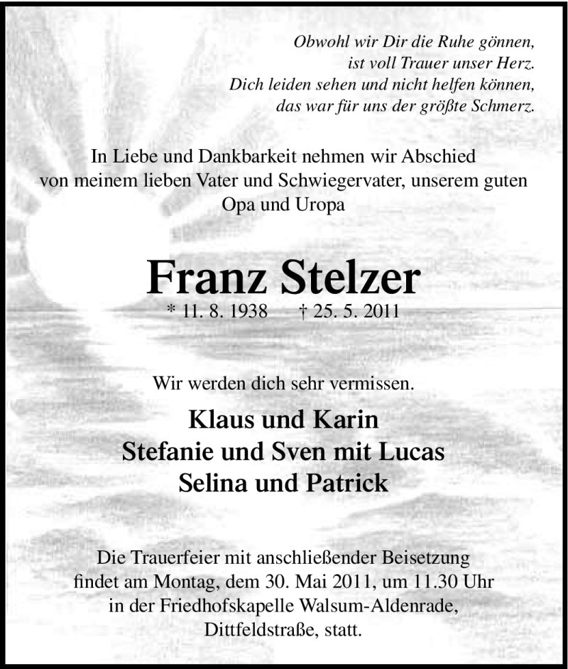 Traueranzeigen von Franz Stelzer TrauerinNRW.de