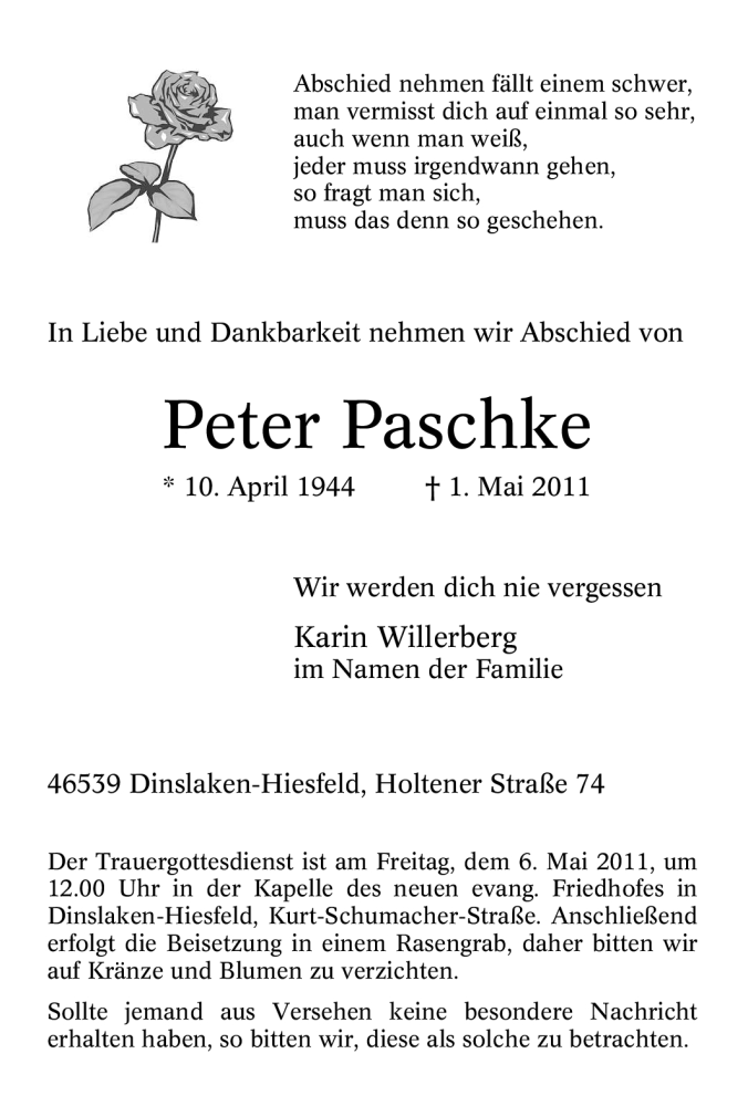 Traueranzeigen von Peter Paschke TrauerinNRW.de