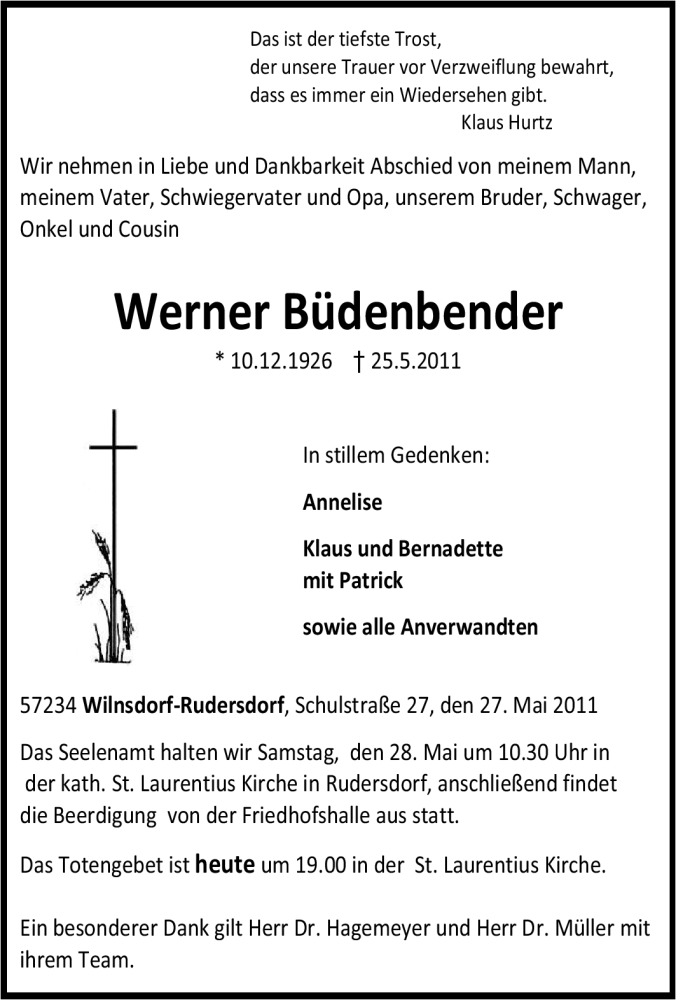  Traueranzeige für Werner Büdenbender vom 27.05.2011 aus Tageszeitung