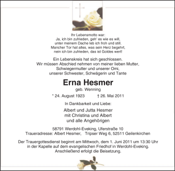 Traueranzeige von Erna Hesmer von Tageszeitung