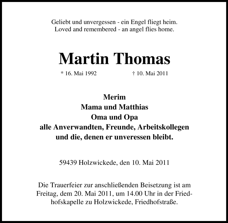  Traueranzeige für Martin Thomas vom 14.05.2011 aus Tageszeitung