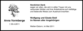 Traueranzeige von Anna Vormberge von Tageszeitung