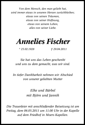 Traueranzeige von Annelies Fischer von Tageszeitung