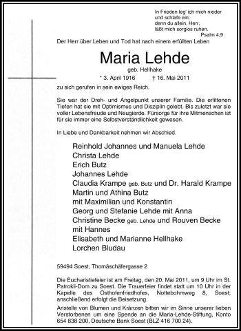 Traueranzeige von Maria Lehde von Tageszeitung