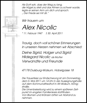 Traueranzeige von Alex Nicolic von Tageszeitung