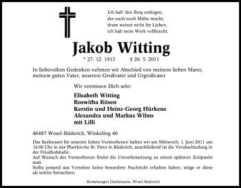 Traueranzeige von Jakob Witting von Tageszeitung