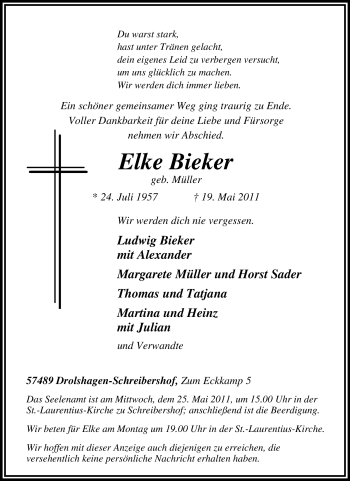 Traueranzeige von Elke Bieker von Tageszeitung