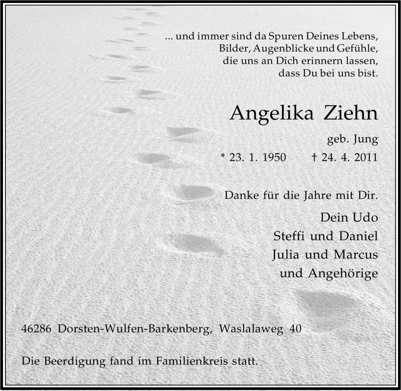 Traueranzeige für Angelika Ziehn vom 03.05.2011 aus Tageszeitung