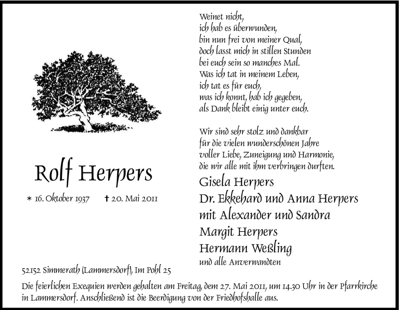  Traueranzeige für Rolf Herpers vom 24.05.2011 aus Tageszeitung