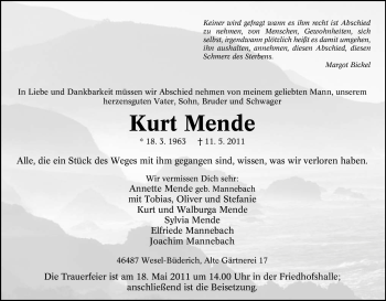 Traueranzeige von Kurt Mende von Tageszeitung
