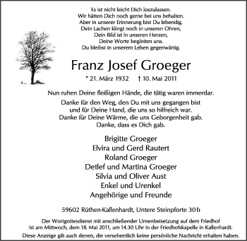 Traueranzeige von Franz Josef Groeger von Tageszeitung