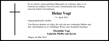 Traueranzeige von Heinz Vogt von Tageszeitung