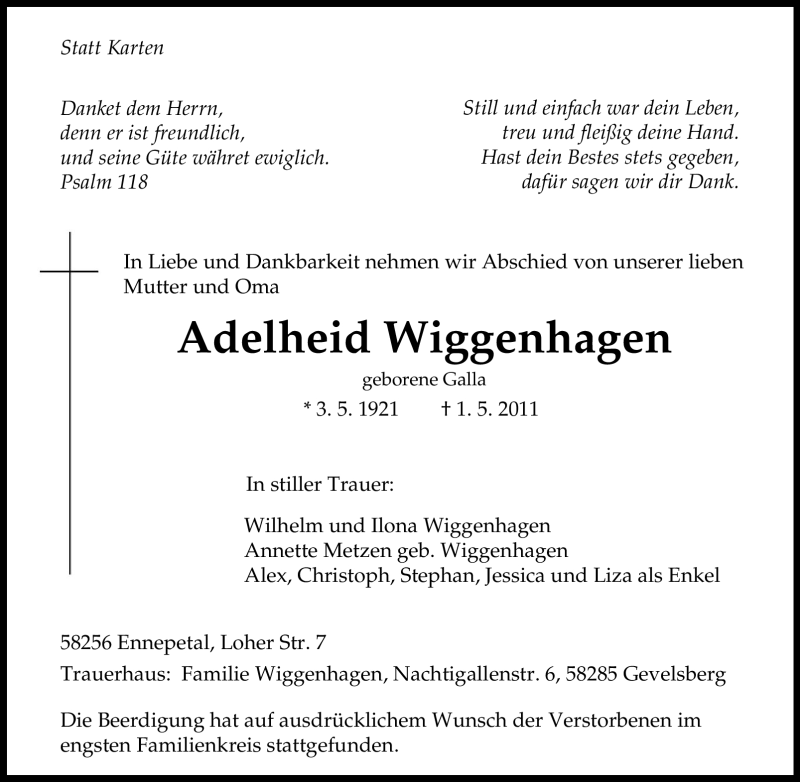  Traueranzeige für Adelheid Wiggenhagen vom 07.05.2011 aus Tageszeitung