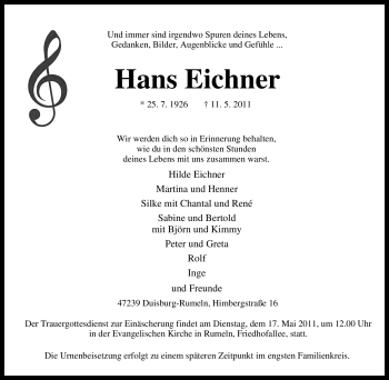 Traueranzeige von Hans Eichner von Tageszeitung