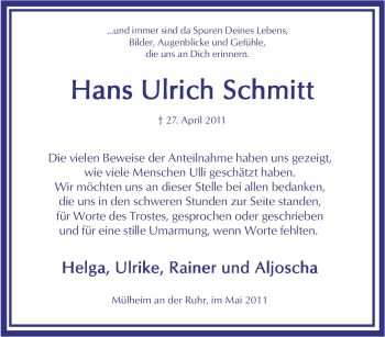 Traueranzeige von Hans Ulrich Schmitt von Tageszeitung
