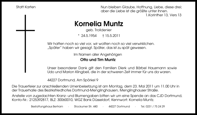  Traueranzeige für Kornelia Muntz vom 17.05.2011 aus Tageszeitung