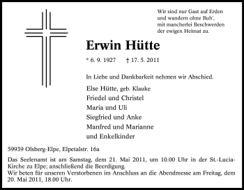Traueranzeige von Erwin Hütte von Tageszeitung