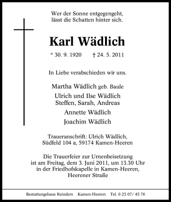 Traueranzeige von Karl Wädlich von Tageszeitung