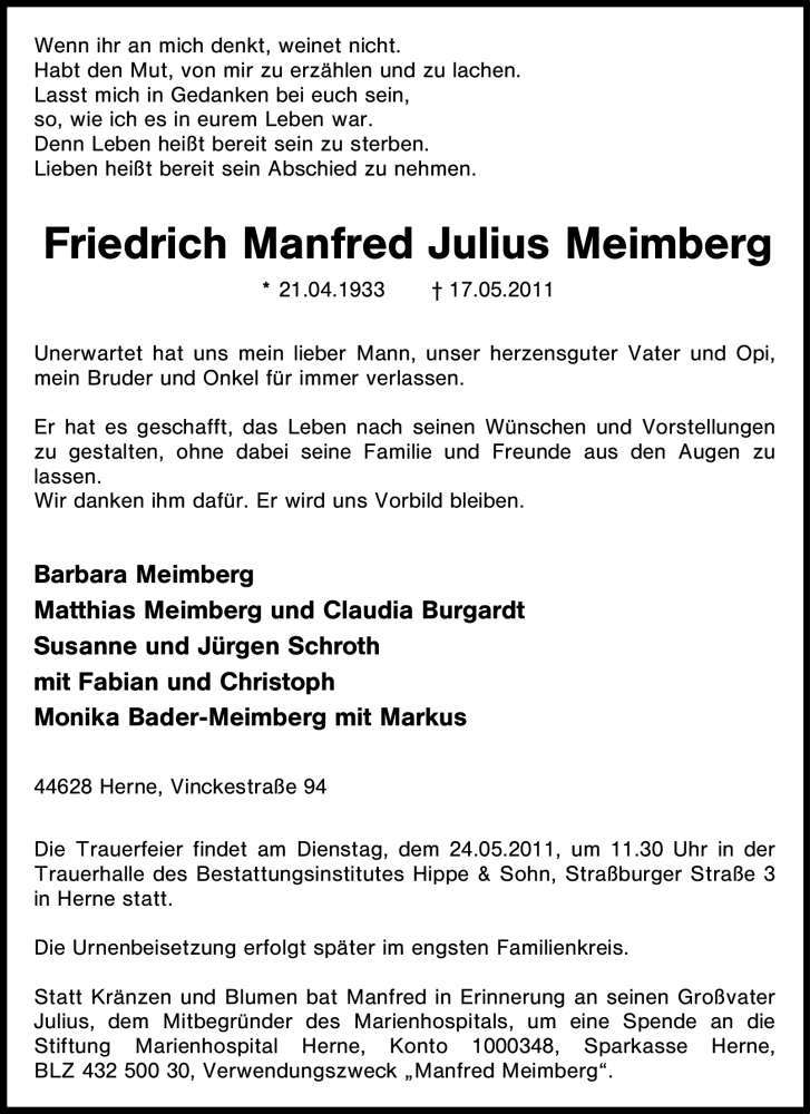  Traueranzeige für Friedrich Manfred Julius Meimberg vom 21.05.2011 aus Tageszeitung