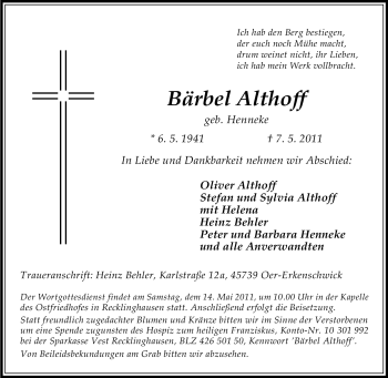 Traueranzeige von Bärbel Althoff von Tageszeitung