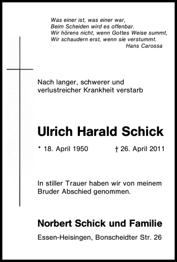 Traueranzeige von Ulrich Harald Schick von Tageszeitung