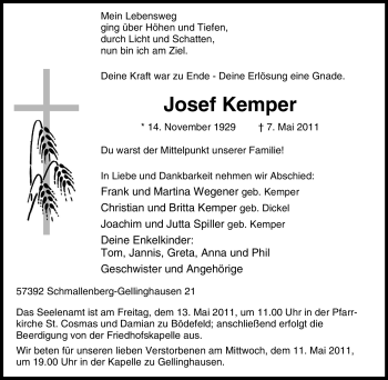 Traueranzeige von Josef Kemper von Tageszeitung