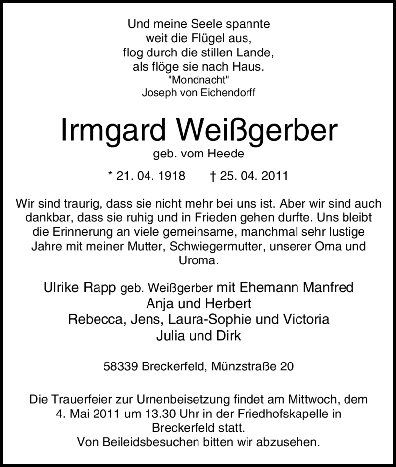 Traueranzeige für Irmgard Weißgerber vom 02.05.2011 aus Tageszeitung
