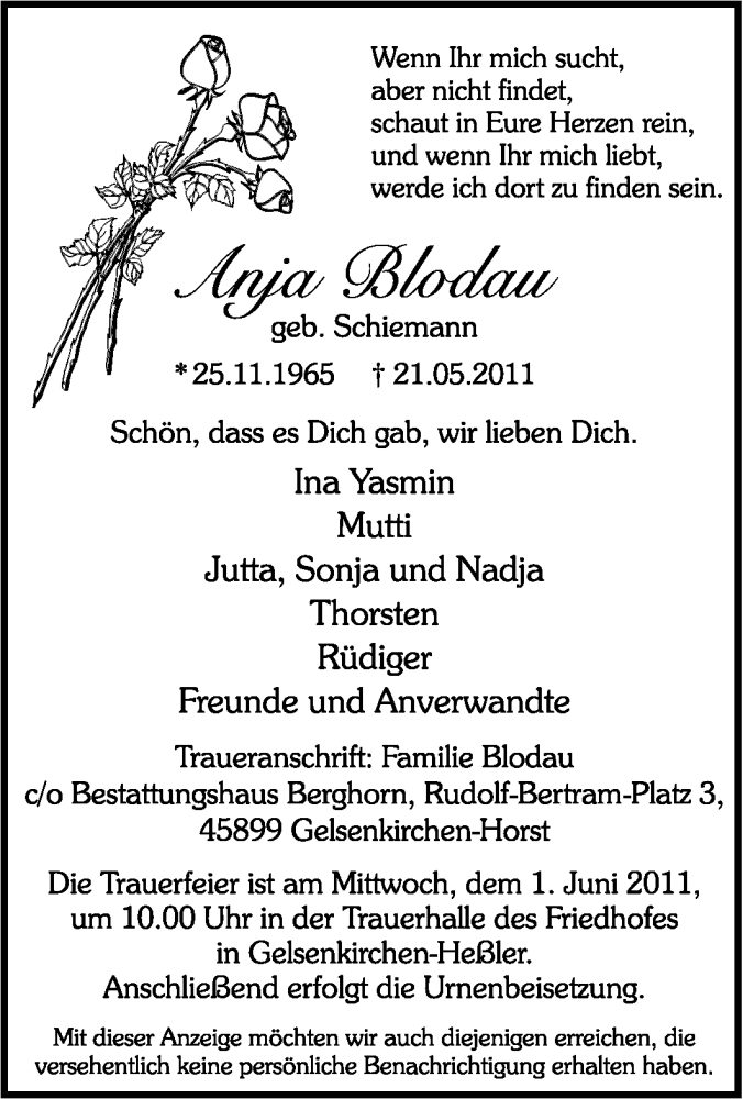  Traueranzeige für Anja Blodau vom 28.05.2011 aus Tageszeitung