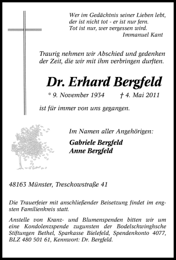 Traueranzeige von Erhard Bergfeld von Tageszeitung