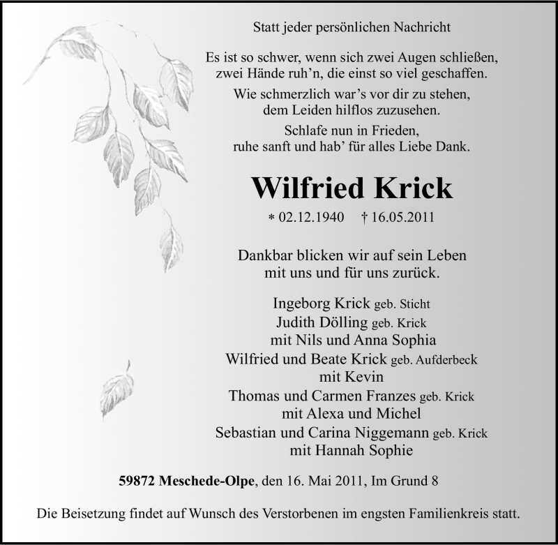  Traueranzeige für Wilfried Krick vom 18.05.2011 aus Tageszeitung