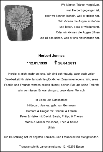 Traueranzeige von Herbert Jennes von Tageszeitung