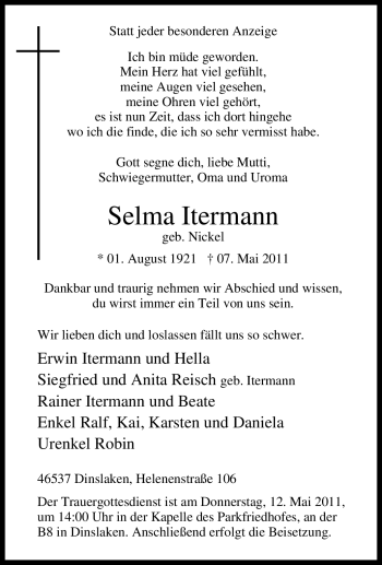 Traueranzeige von Selma Itermann von Tageszeitung