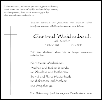 Traueranzeige von Gertrud Weidenbach von Tageszeitung