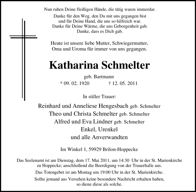 Traueranzeige für Katharina Schmelter vom 14.05.2011 aus Tageszeitung