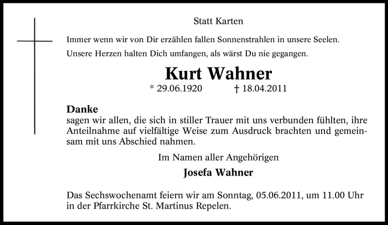  Traueranzeige für Kurt Wahner vom 07.05.2011 aus Tageszeitung