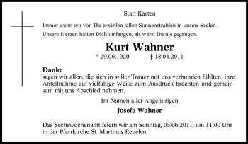 Traueranzeige von Kurt Wahner von Tageszeitung