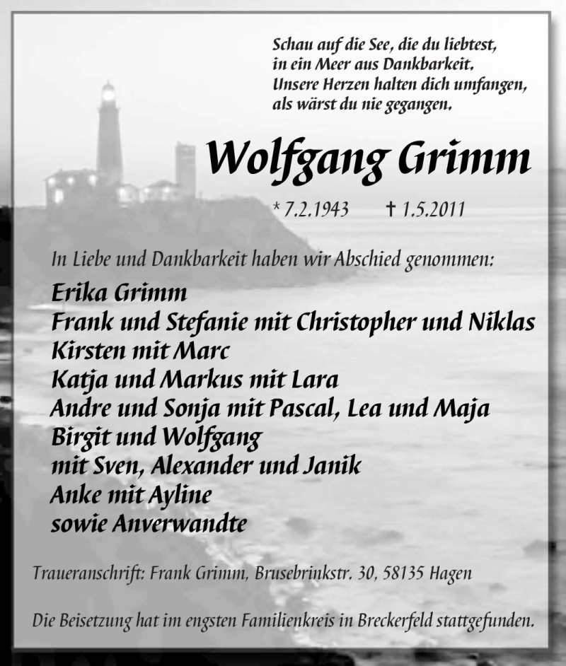  Traueranzeige für Wolfgang Grimm vom 14.05.2011 aus Tageszeitung