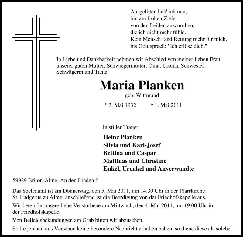  Traueranzeige für Maria Planken vom 03.05.2011 aus Tageszeitung