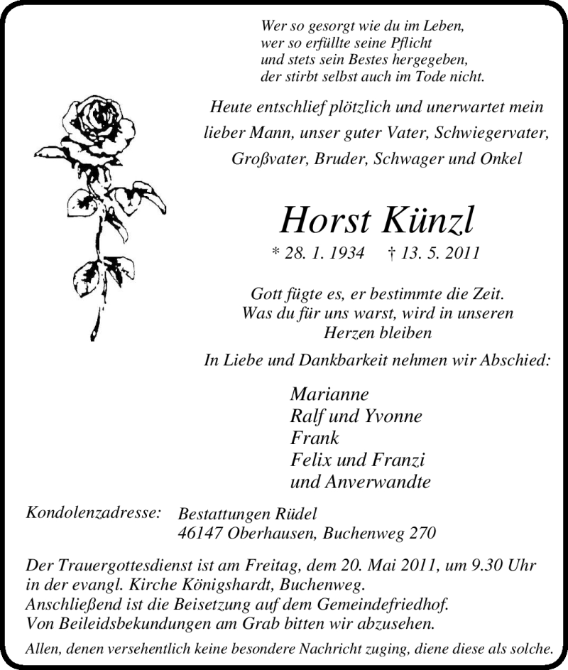  Traueranzeige für Horst Künzl vom 17.05.2011 aus Tageszeitung