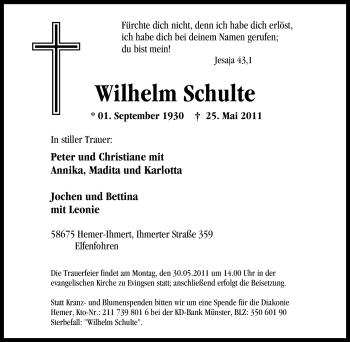 Traueranzeige von Wilhelm Schulte von Tageszeitung