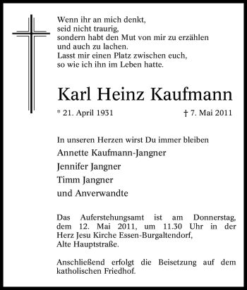 Traueranzeige von Karl Heinz Kaufmann von Tageszeitung