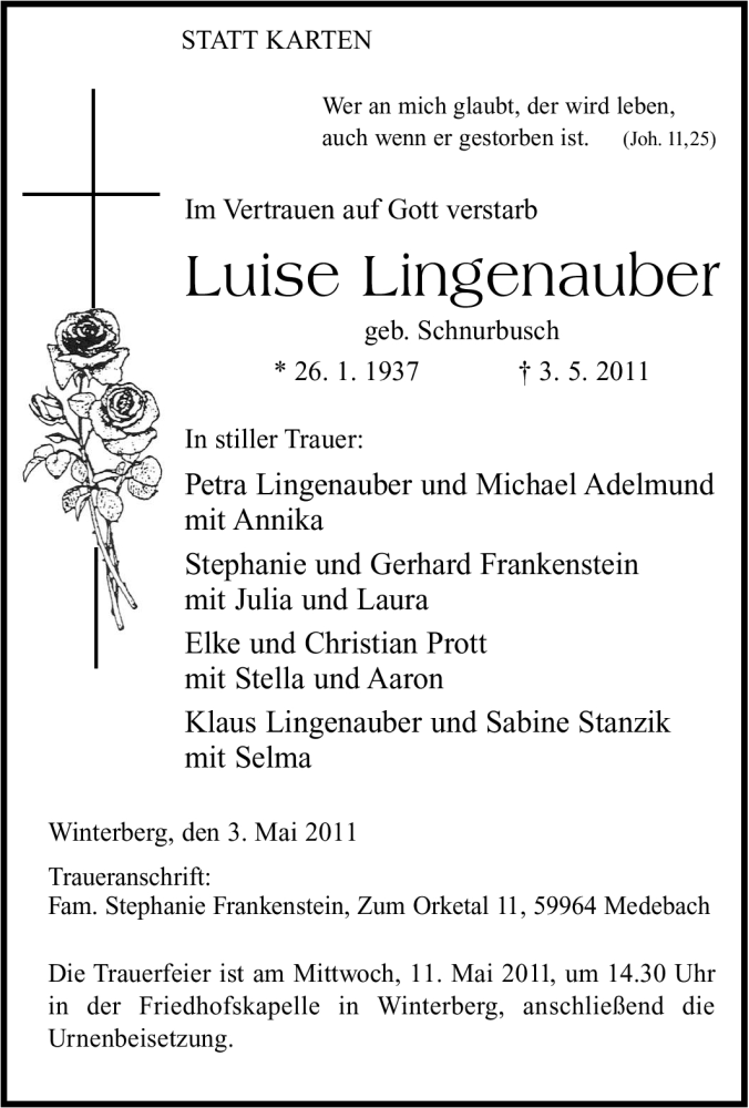  Traueranzeige für Luise Lingenauber vom 05.05.2011 aus Tageszeitung