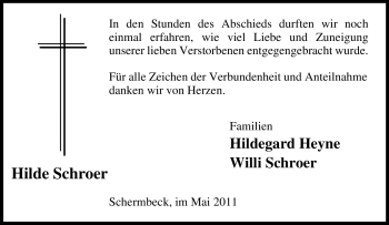 Traueranzeige von Hilde Schroer von Tageszeitung