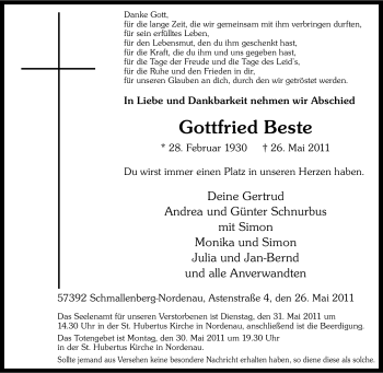 Traueranzeige von Gottfried Beste von Tageszeitung