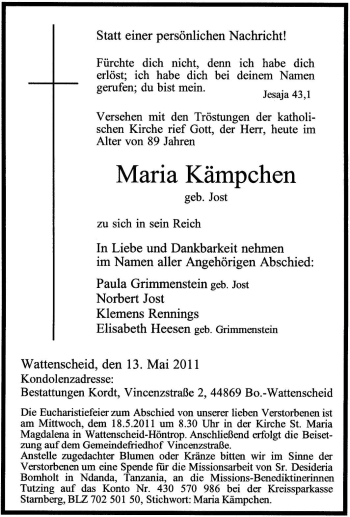 Traueranzeige von Maria Kämpchen von Tageszeitung