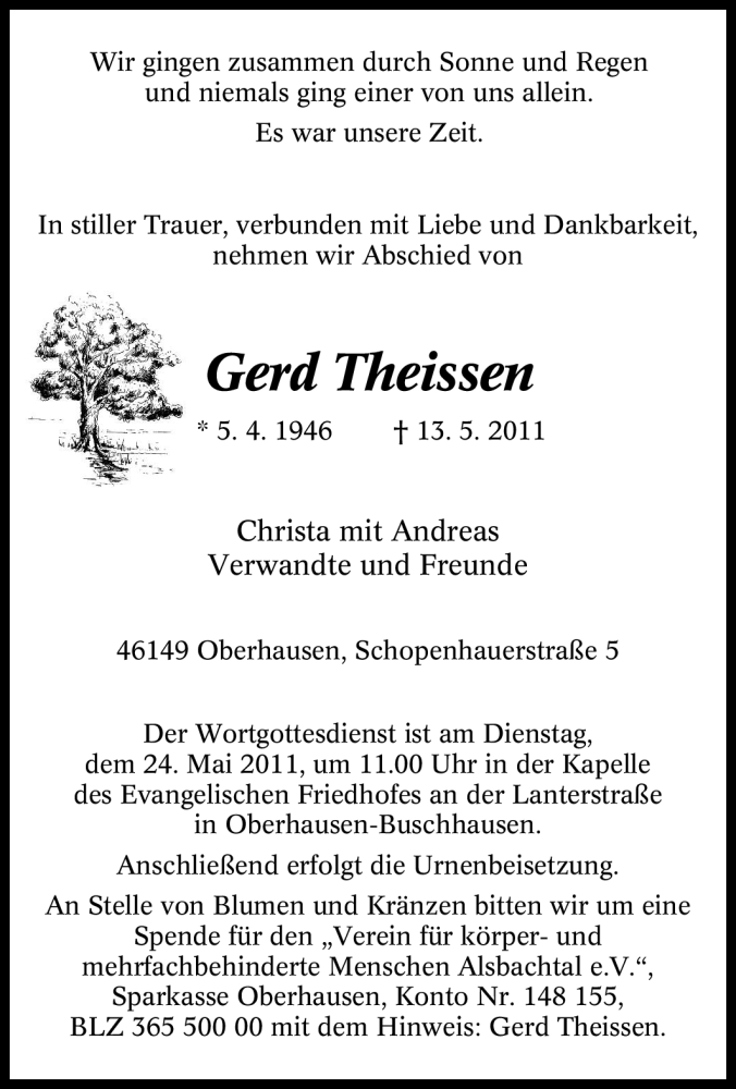  Traueranzeige für Gerd Theissen vom 21.05.2011 aus Tageszeitung