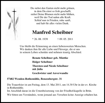 Traueranzeige von Manfred Scheibner von Tageszeitung