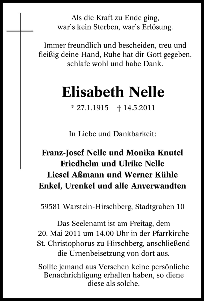  Traueranzeige für Elisabeth Nelle vom 17.05.2011 aus Tageszeitung